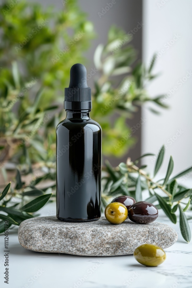 A dark glass bottle of olive oil rests elegantly on a smooth stone, surrounded by green and black olives, with olive branches in the background. A dark glass bottle of olive oil rests elegantly on a smooth stone, surrounded by green and black olives, with olive branches in the background.