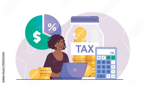 Woman calculating income. Businesswoman with laptop, calculator, diagram and jar with golden coins. Accounting and budgeting, financial literacy. Flat vector illustration