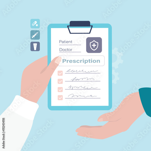 Hands with medical clipboard. The doctor gives medical clipboard with prescription. Medical prescription drugs. Therapist wrote recipe for patient. Pharmacy control.