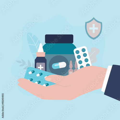 Doctor's hand giving various medicine pills, bottles with medication. Pediatrician and pharmacist hand with drugs. Health care concept.