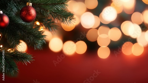 This close-up image focuses on a festive tree branch with shiny red ornaments and warm glowing lights, creating a cozy and inviting holiday atmosphere.