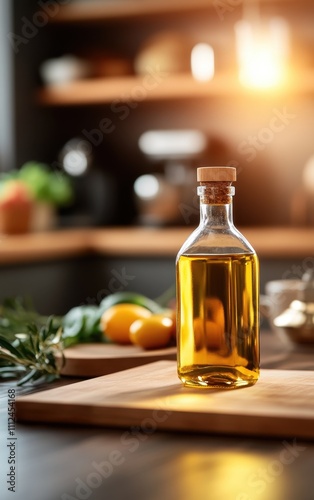 An elegantly lit bottle of olive oil placed stylishly in a kitchen, surrounded by lush greens and fresh produce, creating a harmonious culinary environment.