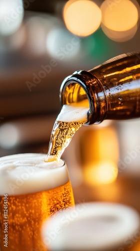 A stream of golden beer pours into a glass, creating fluffy foam at the top, highlighted by warm lighting that evokes a sense of joy and camaraderie.