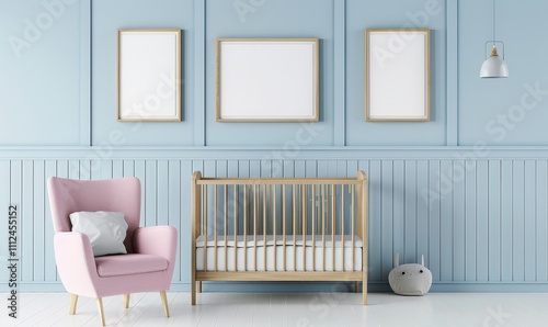 A nursery room interior with a crib. armchair. and three blank frames