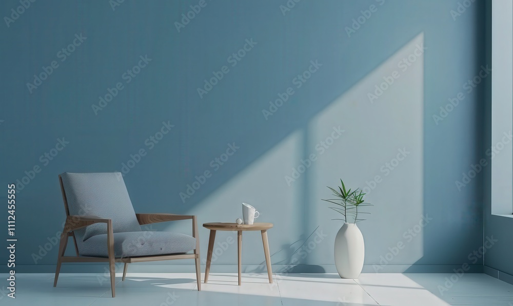 Fototapeta premium A modern armchair with a side table and a potted plant in front of a blue wall