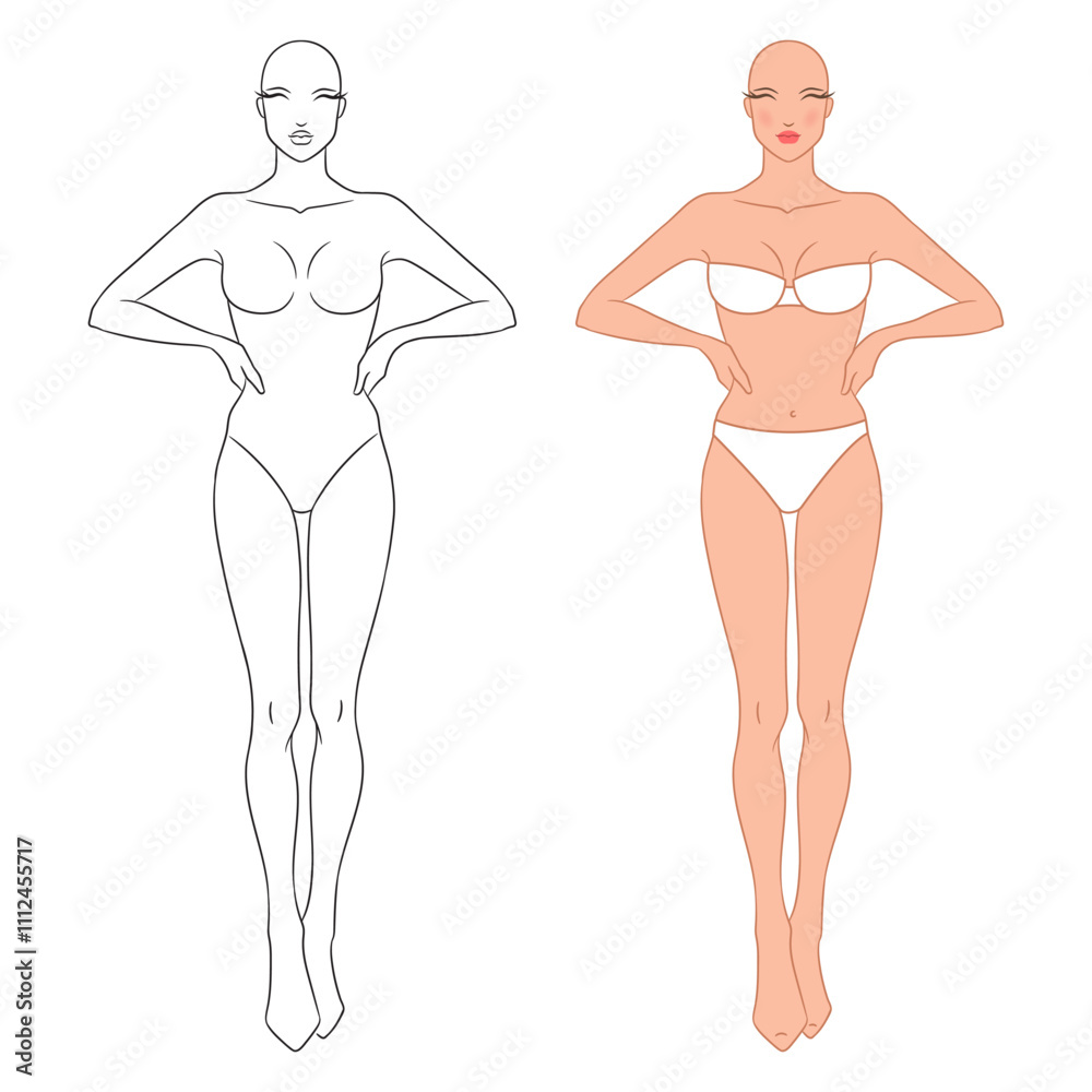 Eight-head fashion figure template. The female fashion croquis. Vector illustration of a young woman wearing lingerie, isolated on a white background. Eight-head fashion figure template. The female fashion croquis. Vector illustration of a young woman wearing lingerie, isolated on a white background.