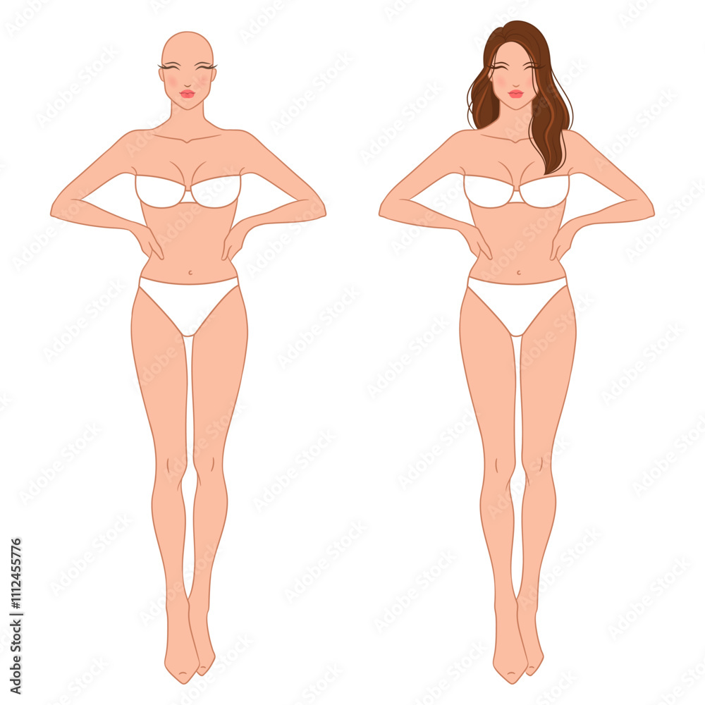 Eight-head fashion figure template. The female fashion croquis. Vector illustration of a young woman wearing lingerie, isolated on a white background. Eight-head fashion figure template. The female fashion croquis. Vector illustration of a young woman wearing lingerie, isolated on a white background.