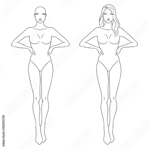 Eight-head fashion figure template. The female fashion croquis. Vector line illustration of a young woman wearing lingerie, isolated on a white background. 