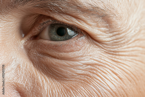 detailed close up of elderly person eye, showcasing fine lines and wrinkles, reflecting wisdom and experience. skin texture highlights age and character