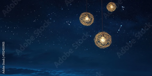 A starry night sky with constellations glowing softly above a modern pendant light arrangement. photo