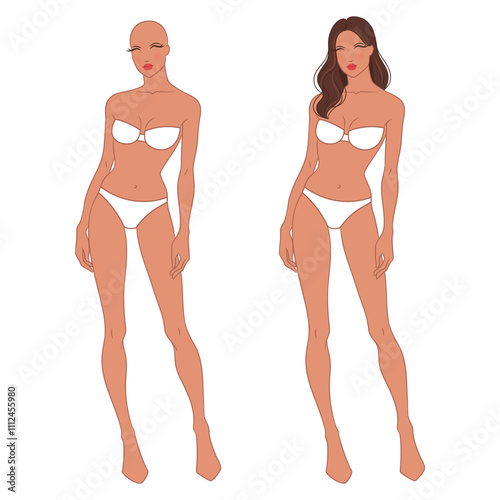 Eight-head fashion figure template. The female fashion croquis. Vector illustration of a young woman wearing lingerie, isolated on a white background. 