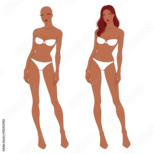 Eight-head fashion figure template. The female fashion croquis. Vector silhouette of a young woman wearing lingerie, isolated on a white background. 
