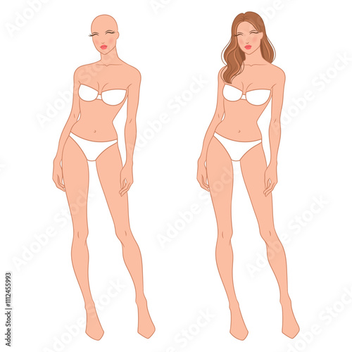 Eight-head fashion figure template. The female fashion croquis. Vector illustration of a young woman wearing lingerie, isolated on a white background. 