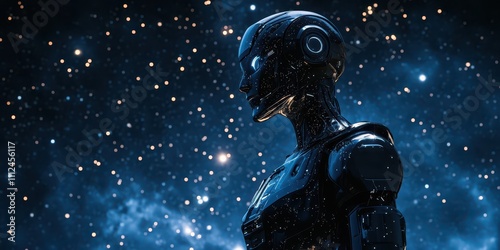 A futuristic robot standing under bright studio lights with celestial constellations faintly visible in the background. photo