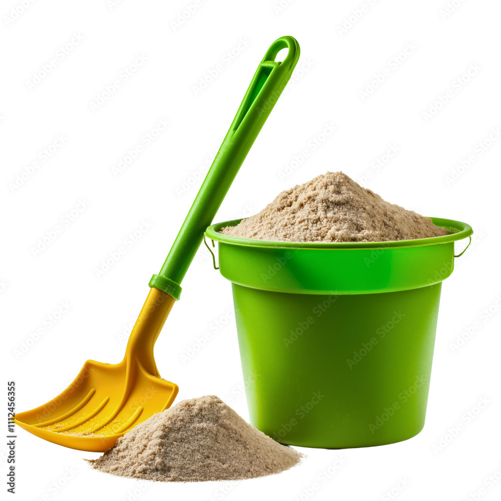 Yellow and green plastic bucket and shovel set isolated on white background, a fun beach toy perfect for children’s summer vacations, sand play, and seaside activities Yellow and green plastic bucket and shovel set isolated on white background, a fun beach toy perfect for children’s summer vacations, sand play, and seaside activities