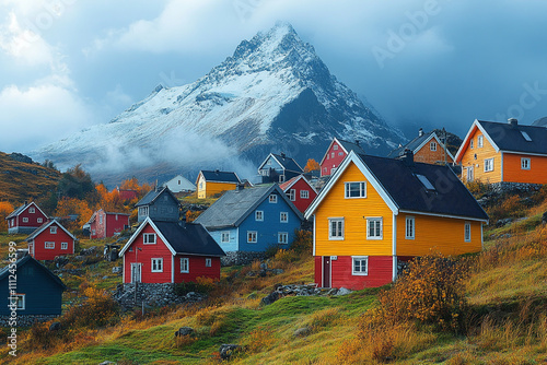 Colorful Houses Nestled Beside a Majestic Snowy Mountain photo