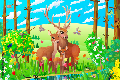 vector summer spring hand drawn wonderland deers family