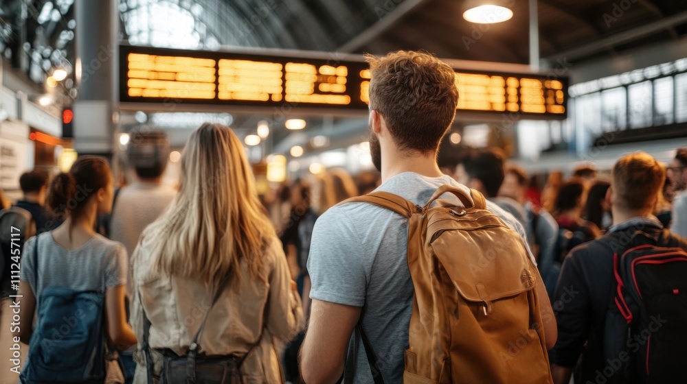 Crowd of People Navigating Busy Train Station with Display Board Showing Departures and Arrivals in a Lively Urban Environment Crowd of People Navigating Busy Train Station with Display Board Showing Departures and Arrivals in a Lively Urban Environment