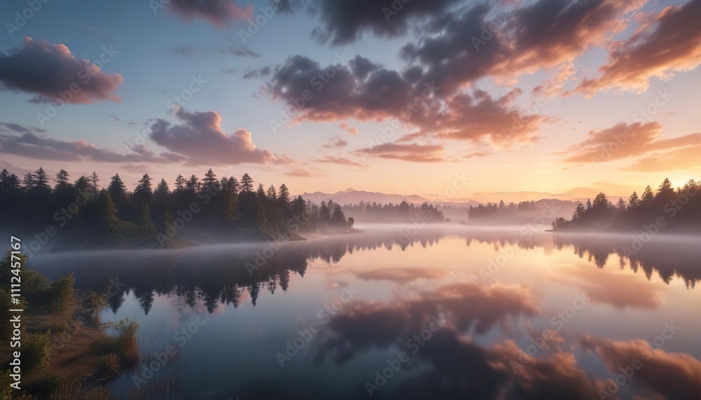 Aerial photography of wispy clouds and misty sunsets over a serene lake, water, peacefulness Aerial photography of wispy clouds and misty sunsets over a serene lake, water, peacefulness