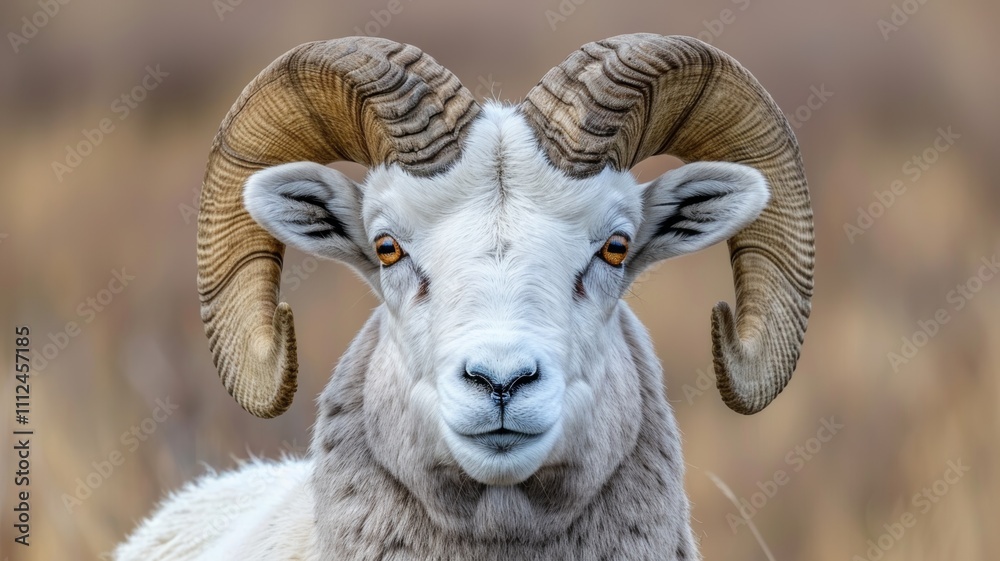 Majestic ram captured during a calm morning in its natural habitat showcasing impressive curved horns and a serene expression Majestic ram captured during a calm morning in its natural habitat showcasing impressive curved horns and a serene expression