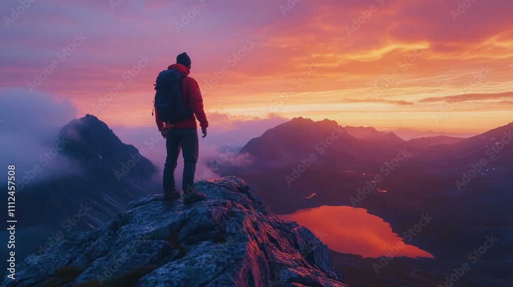 Fototapeta premium A lone figure stands atop a mountain, admiring a vibrant sunset landscape.