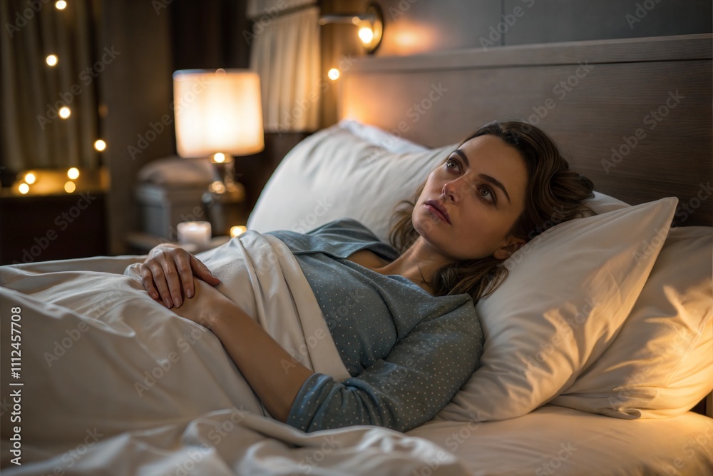 Sad Young Woman Lying in Bed at Night, Overwhelmed by Loneliness and Personal Crisis Sad Young Woman Lying in Bed at Night, Overwhelmed by Loneliness and Personal Crisis