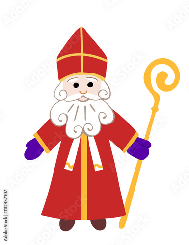 Saint Nicholas, Sinterklaas in a red cassock, staff. Simple color vector illustration. Traditional holiday. Full length.