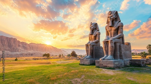Famous Colossi of Memnon. Massive ruined statues colossi of the Pharaoh Amenhotep III. Travel and tourist landmarks nearby Luxor Egypt West Bank, Thebes, Luxor, North Africa 