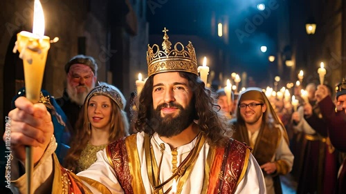 People imitating three wise men journey to the Bethlehem. Three Kings Day costume parade celebration