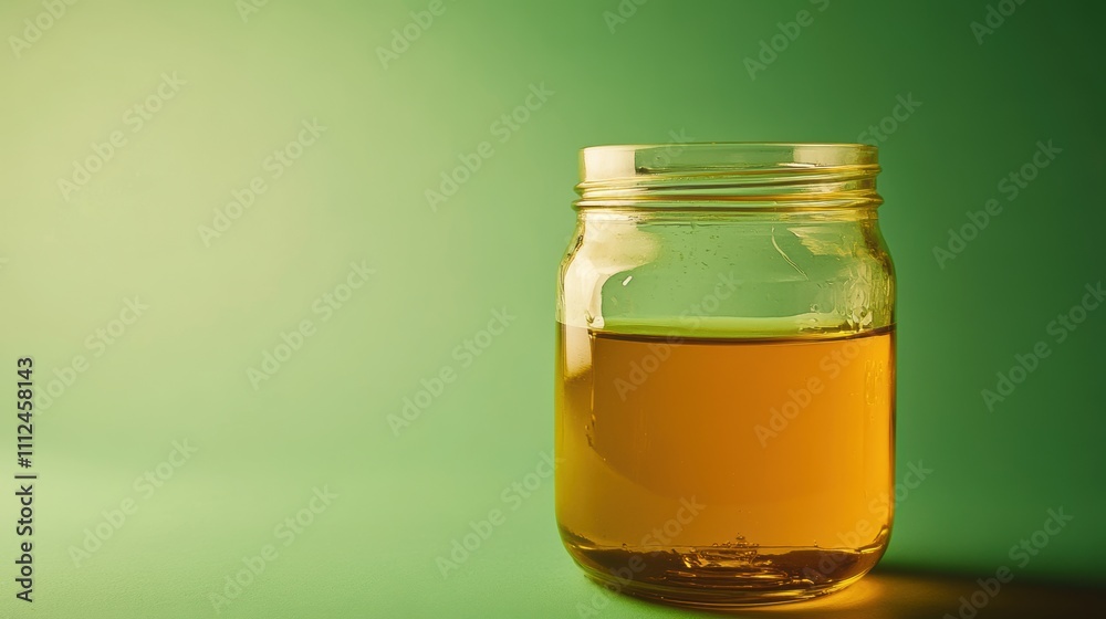 Minimalist close-up of a clear glass jar filled with golden honey, placed on a vibrant green background, emphasizing purity, natural sweetness, and simple elegance.