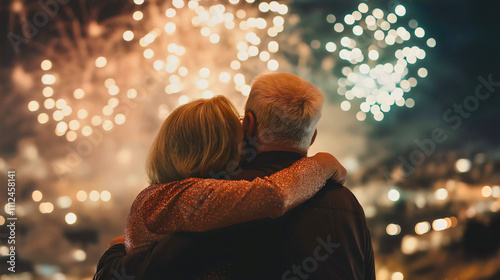 Love and joy together, senior couple celebrating new year, happy lifestyle with family and sparkling lights photo