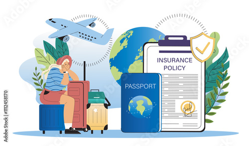 Travel insurance policy concept. Woman with luggages near foreign passport and document. Financial deal for travelers and tourists. Flat vector illustration