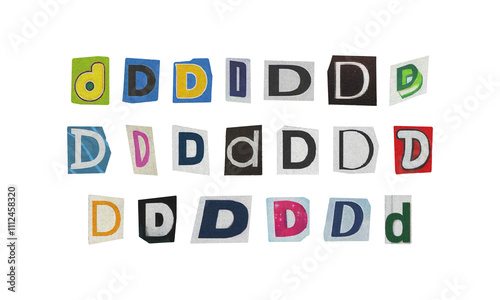 Set of cut-out letter “D” from magazines on a transparent background, retro y2k ransom font style