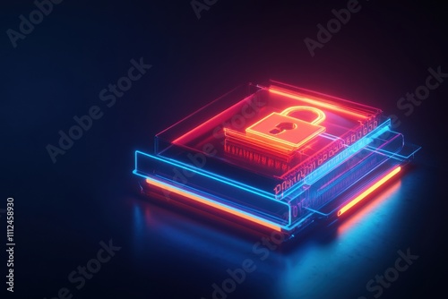 Neon-Lit Digital Lock Icon on Dark Background with Glowing Red Frame