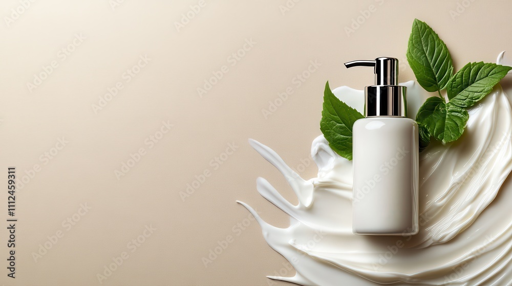 A fresh leaf accentuates a bottle of creamy skincare product, elegantly spread out, symbolizing natural elegance and renewal, complemented by gentle lighting. A fresh leaf accentuates a bottle of creamy skincare product, elegantly spread out, symbolizing natural elegance and renewal, complemented by gentle lighting.