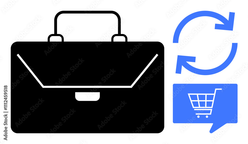 Black briefcase symbolizing business, blue circular refresh arrows for continuity, blue speech bubble with shopping cart icon for e-commerce. Ideal for business management, online sales, digital Black briefcase symbolizing business, blue circular refresh arrows for continuity, blue speech bubble with shopping cart icon for e-commerce. Ideal for business management, online sales, digital
