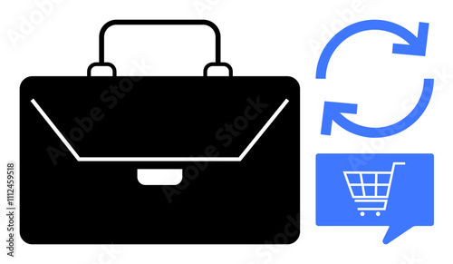Black briefcase symbolizing business, blue circular refresh arrows for continuity, blue speech bubble with shopping cart icon for e-commerce. Ideal for business management, online sales, digital