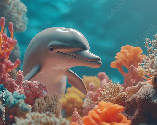 A playful dolphin gracefully swims amidst vibrant coral reef, showcasing a lively underwater scene.  Perfect for marine life, nature, and ocean themes. photo