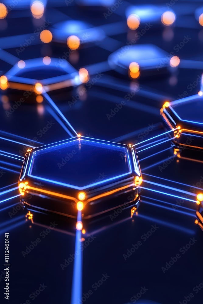 A futuristic, abstract representation of interconnected hexagonal shapes illuminated with blue and orange lights.