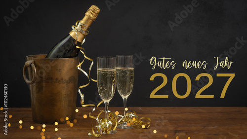 Gutes neues Jahr 2027, Silvester Party Neujahr Feier Grußkarte Postkarte mit deutschem Text - Champagnerflasche oder Sektflasche in Champagnerkübel oder Sektkübel auf Tisch aus Holz. photo