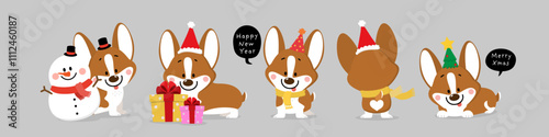 Merry Christmas and happy new year greeting card with cute corgi puppy dog in winter costumes. Animal holidays cartoon characters. -Vector