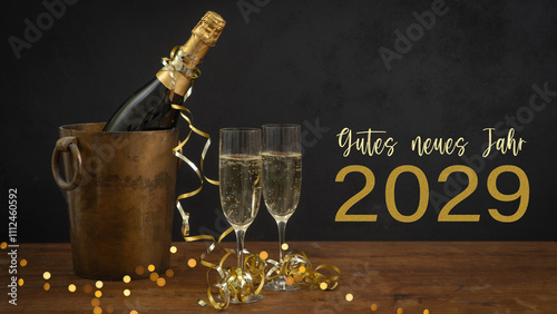 Gutes neues Jahr 2029, Silvester Party Neujahr Feier Grußkarte Postkarte mit deutschem Text - Champagnerflasche oder Sektflasche in Champagnerkübel oder Sektkübel auf Tisch aus Holz. photo