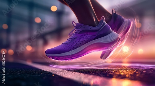 Healthy sports theme: close-up of athletes running on a sports field with a blurred sunset in the background.