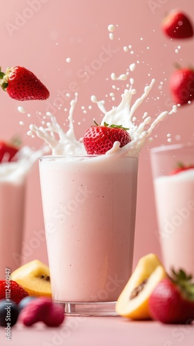A splash of strawberries and creamy textures bursts from a full glass, surrounded by a variety of fruits, suggesting both freshness and indulgence.