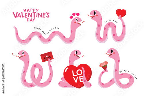 Happy Valentine's day with cute pink snake and red hearts. Animal cartoon character in holidays. -Vector
