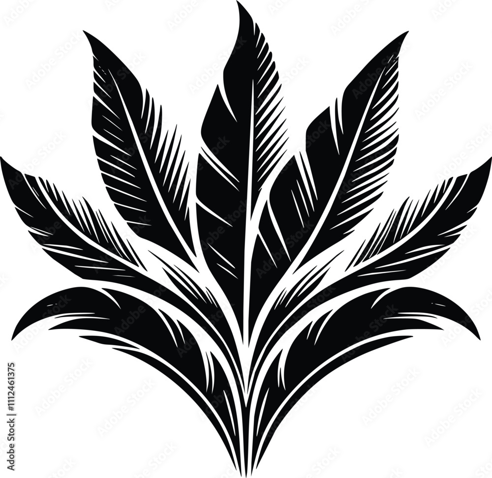 Black and White Illustration of a Banana Leaf Black and White Illustration of a Banana Leaf