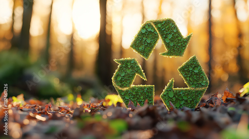 Recycling symbol made of vibrant green leaves, illuminated by soft sunlight, representing eco-friendly practices and sustainability