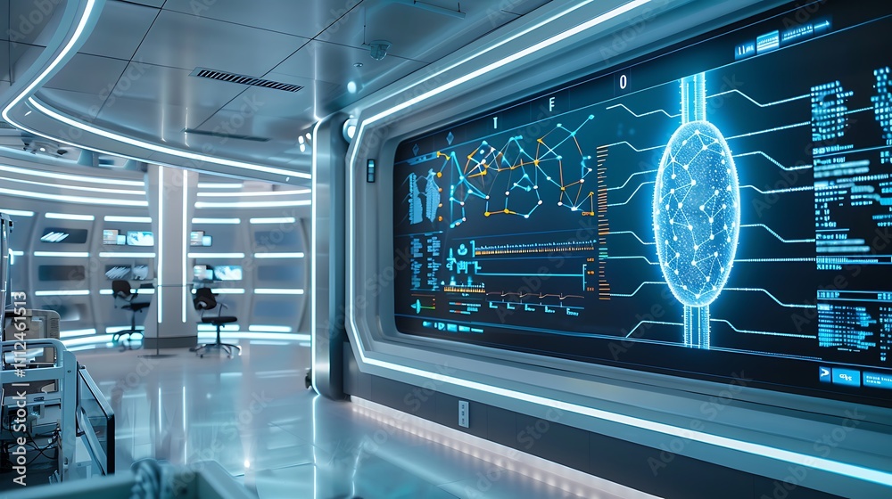 A futuristic research facility with a large digital display showcasing a real-time simulation of neuron interactions and DNA sequencing A futuristic research facility with a large digital display showcasing a real-time simulation of neuron interactions and DNA sequencing