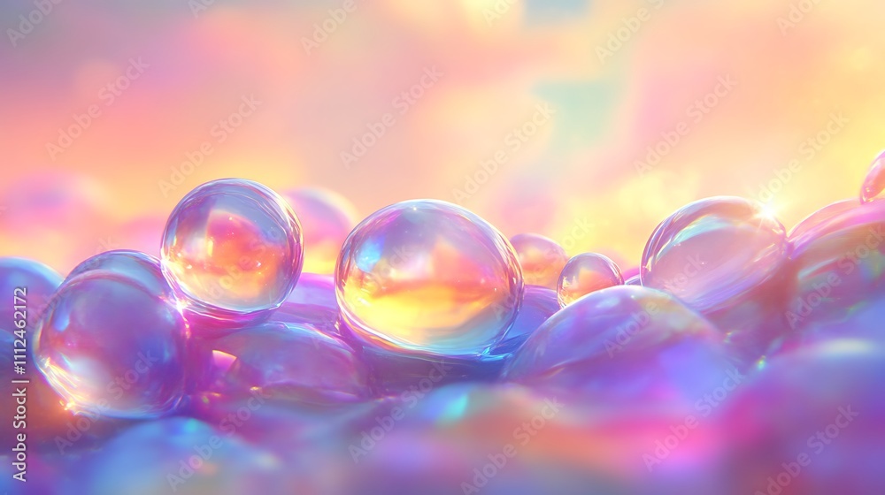 Iridescent spheres rest on a pastel background Iridescent spheres rest on a pastel background