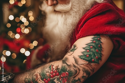 close up santa in a tattoo salon getting a christmas tree tattoo on arm  photo